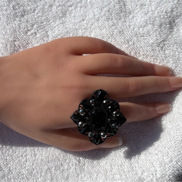 Gothic Black Ornate Rhinestone Statement Ring - Stretchy & Adjustable - Picture 7 of 14
